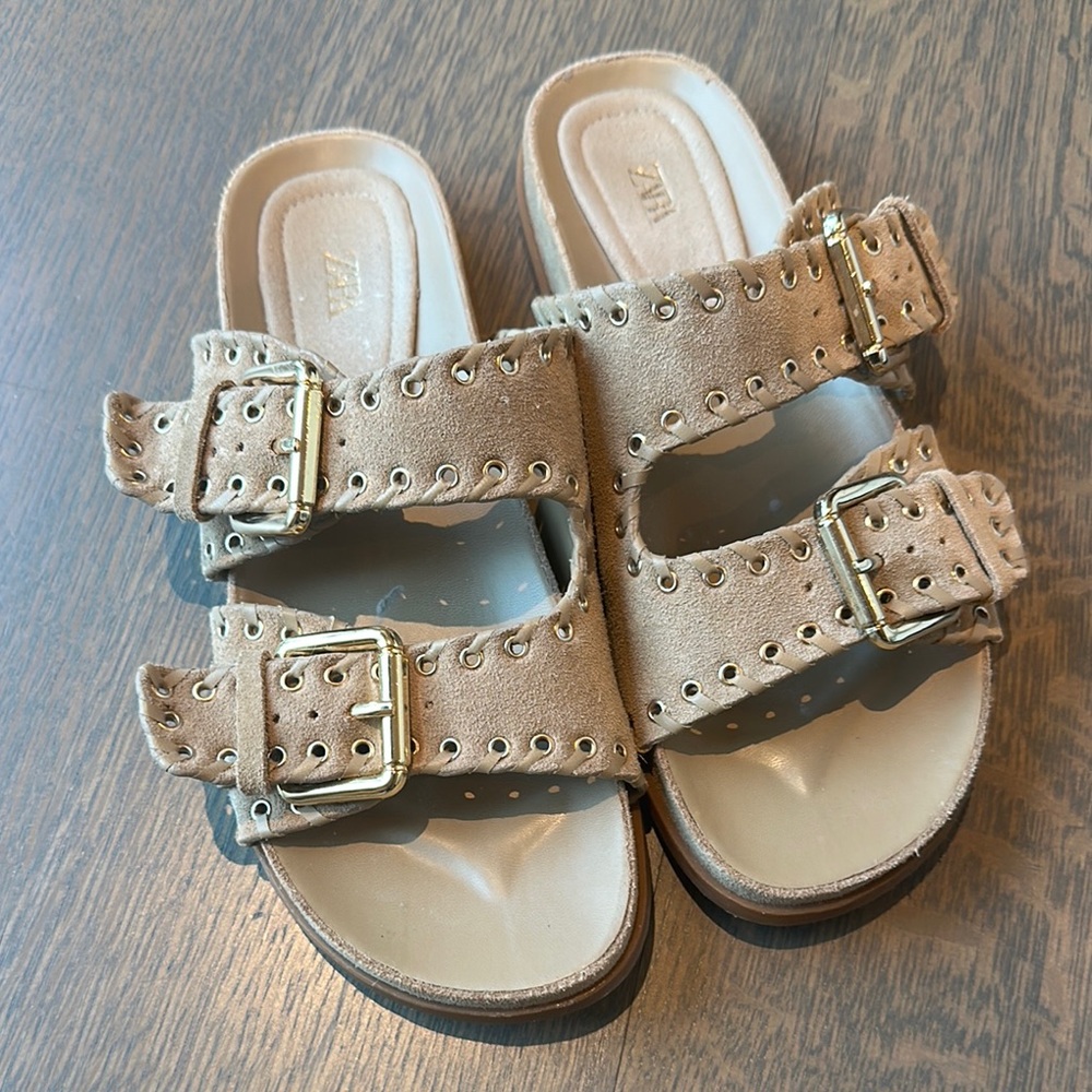 Zara Tan Double-Strap Sandals with Gold Buckles, Size 38